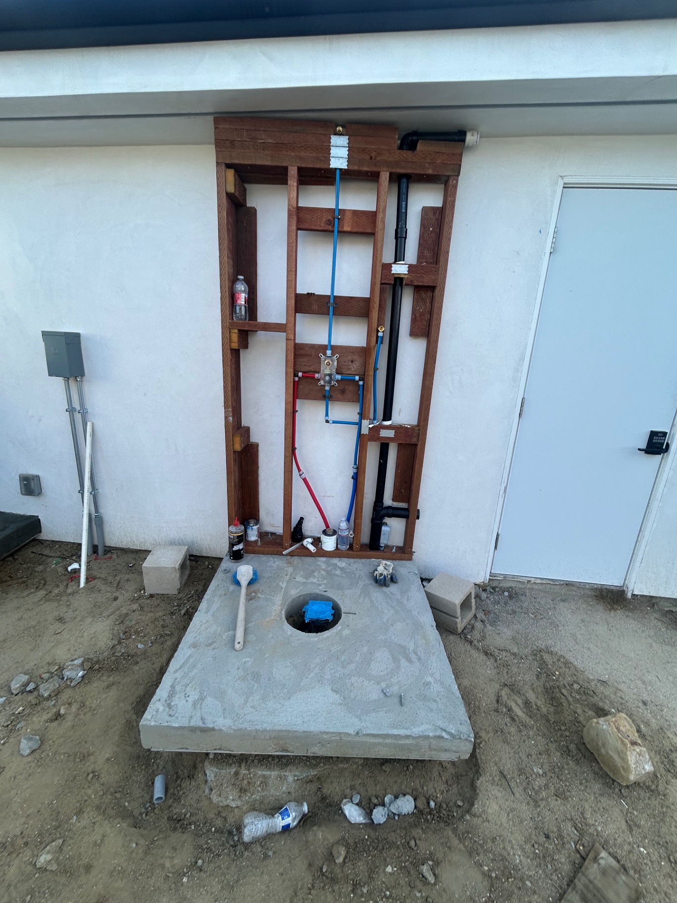 Outdoor shower framing and plumbing rough-in