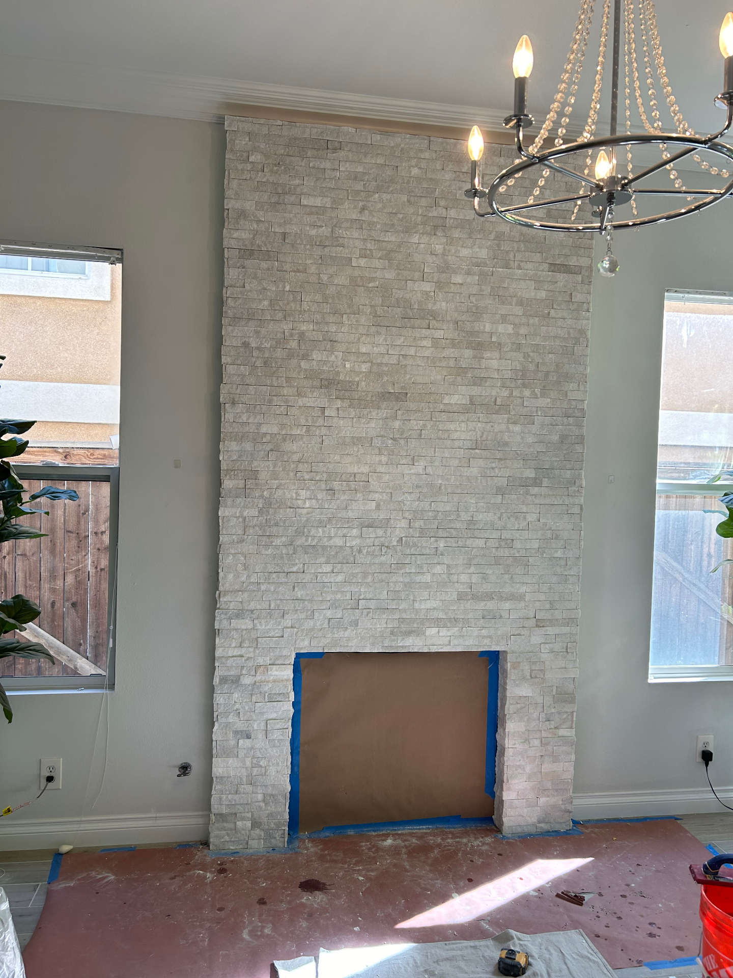 Ledger stone fireplace accent wall
